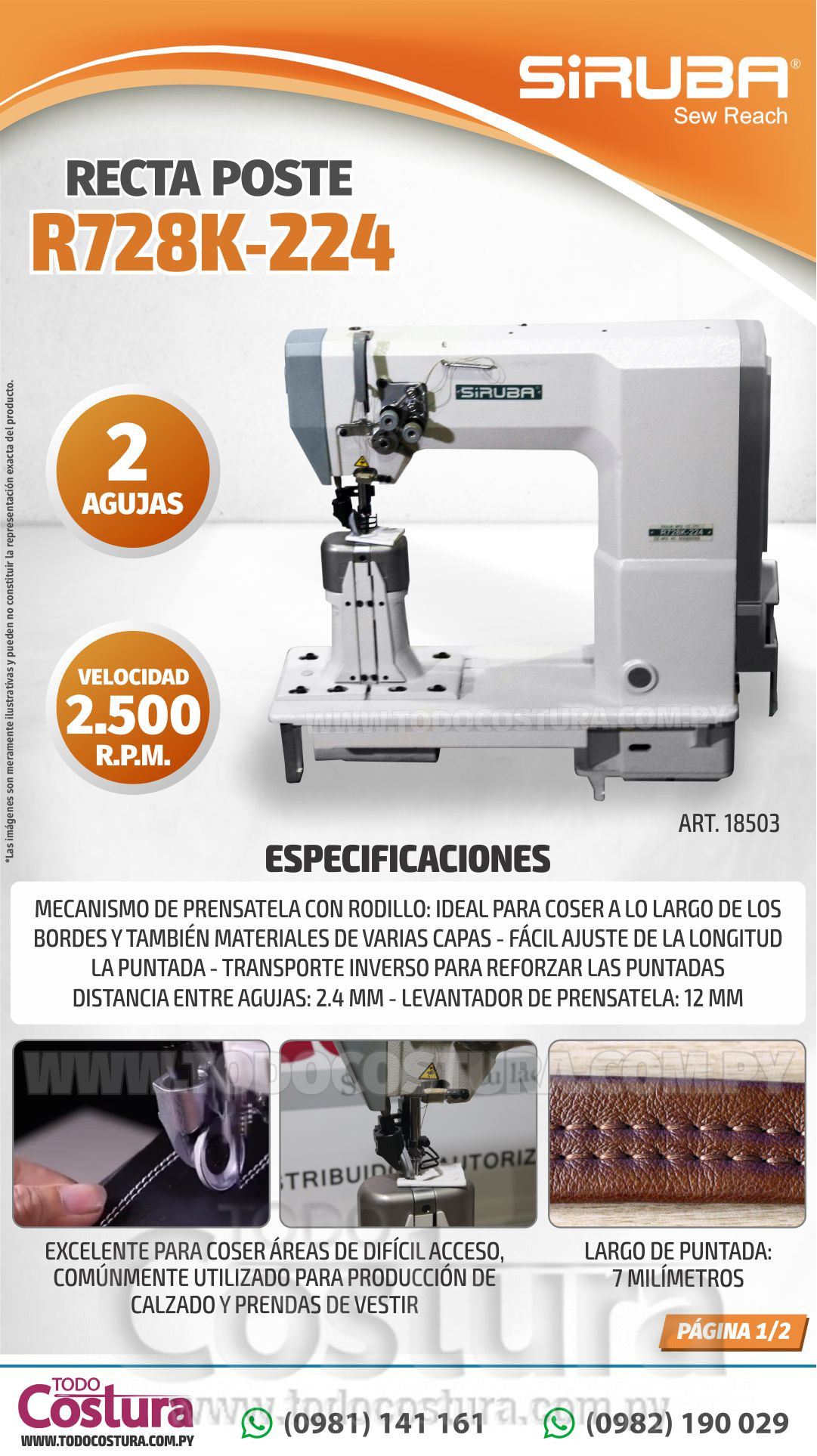 RECTA POSTE (2 AGUJAS) SIRUBA R728K-224