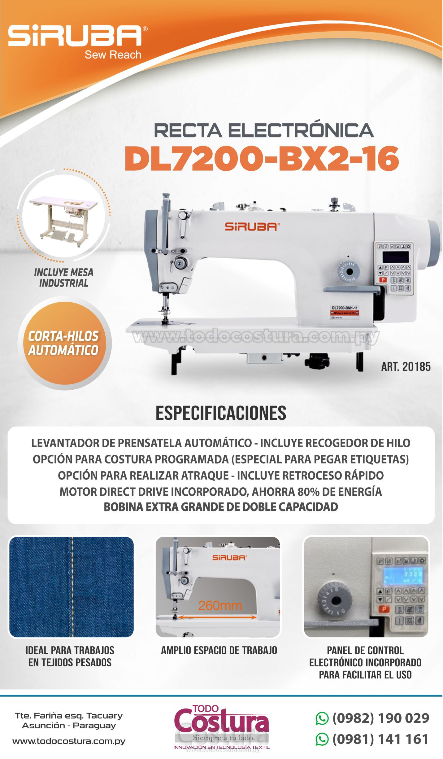 RECTA ELECTRONICA (CROCHET GRANDE - PESADA) SIRUBA DL7200-BX2-16 (MOTOR INCORPORADO)
