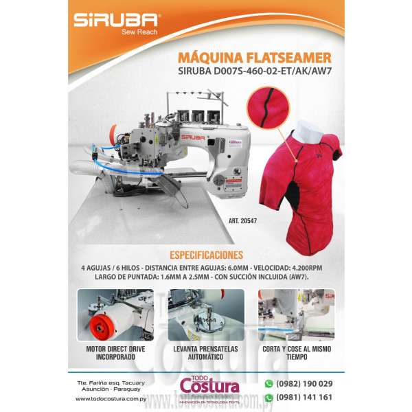 MAQUINA FLATSEAMER SIRUBA D007S-460-02-ET/AK/AW7 (MOTOR DIRECT DRIVE ; CON CORTAHILO)