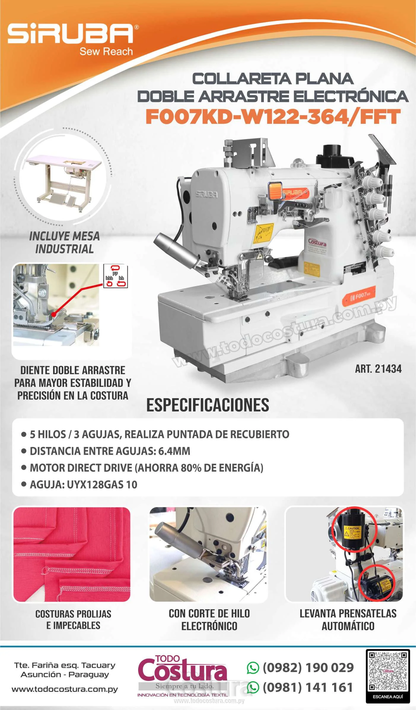 COLLARETA (PLANA - DOBLE ARRASTRE - ELECT.) SIRUBA F007KD-W122-364/FFT/FHA/UTJ (MOTOR INCORPORADO)