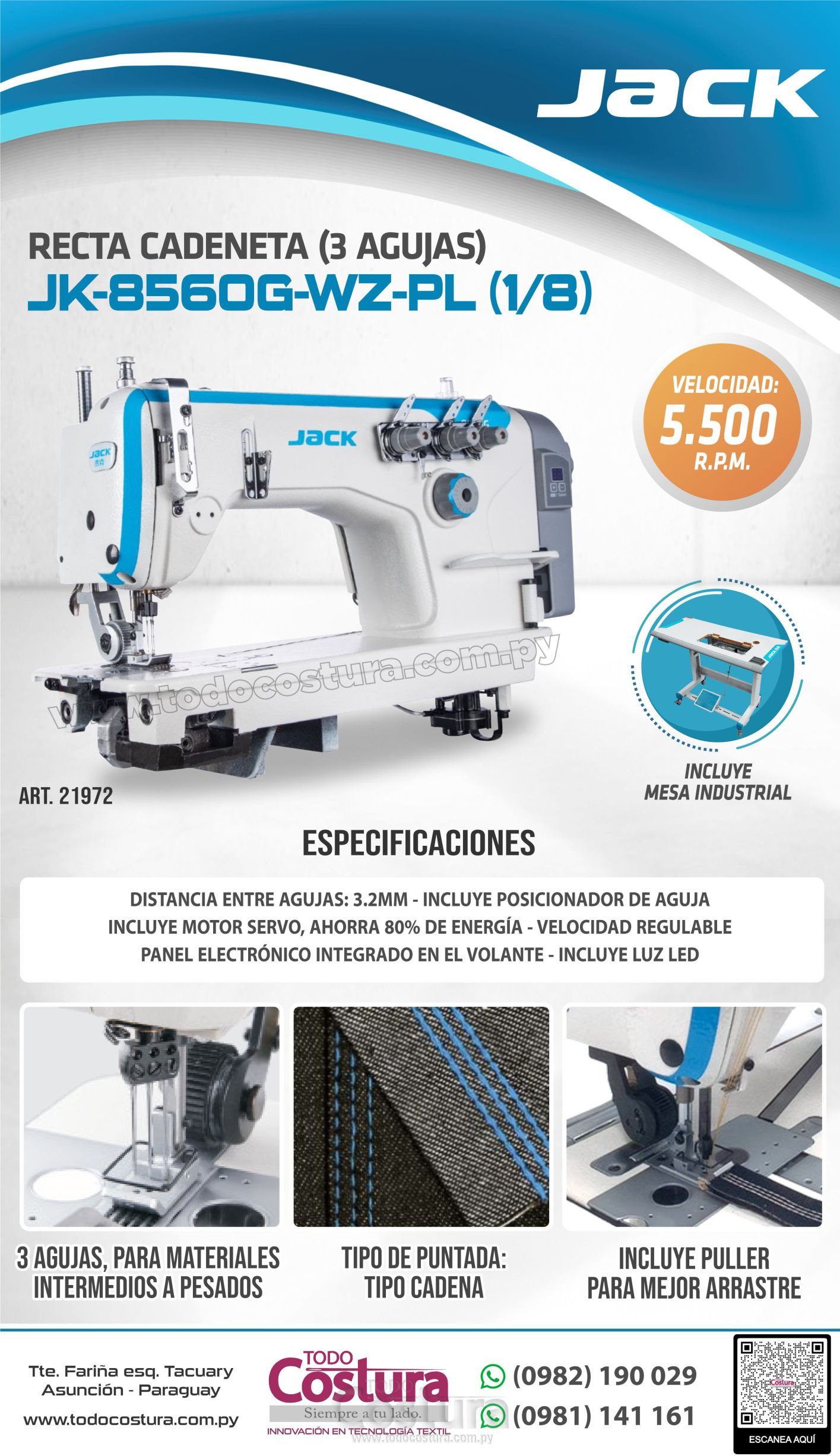 RECTA CADENETA (3 AGUJAS) JACK JK-8560G-WZ-PL (1/8) (MOTOR INCORPORADO)