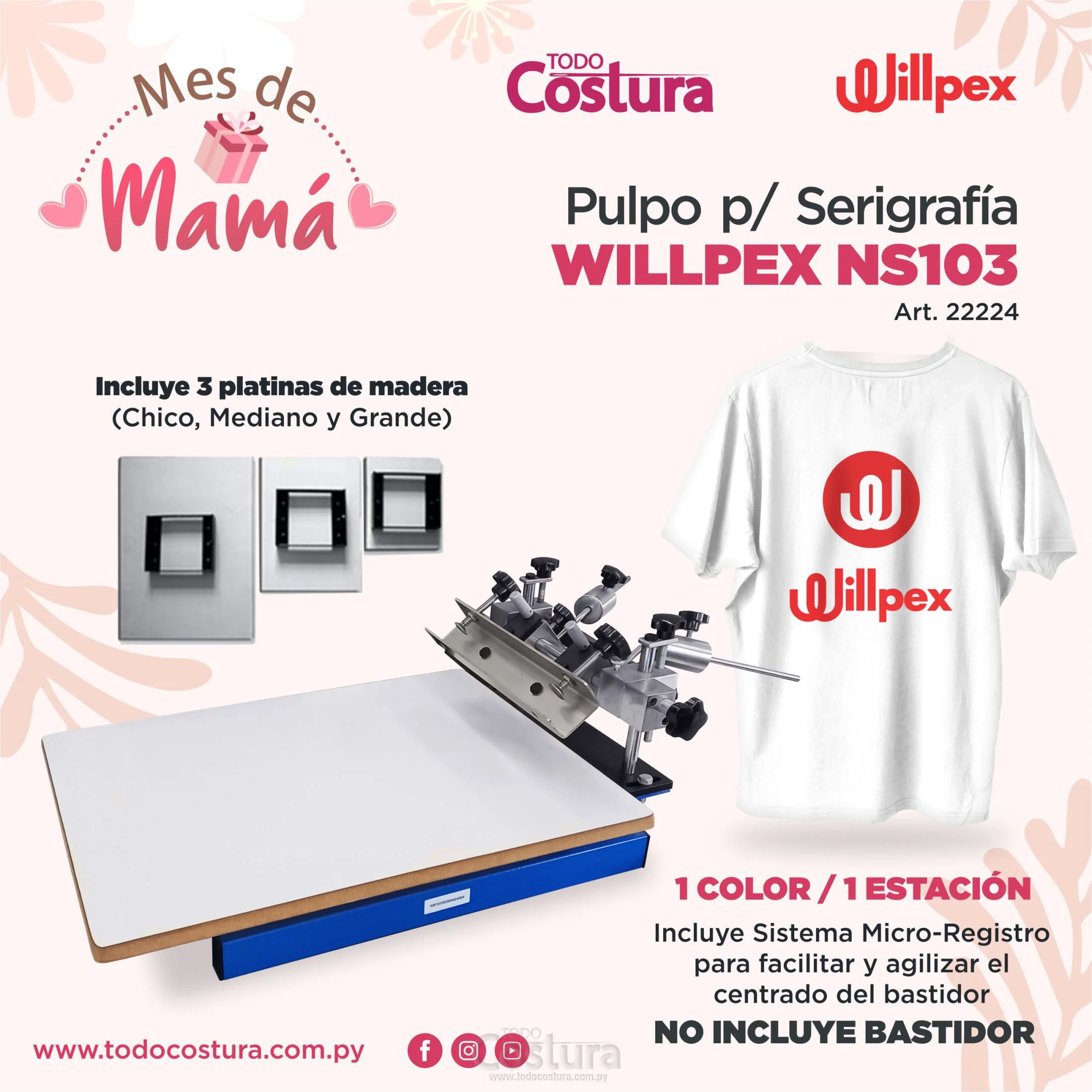 PULPO P/ SERIGRAFIA CON MICRO-REGISTRO (1 COLOR - 1 ESTACION) WILLPEX NS103