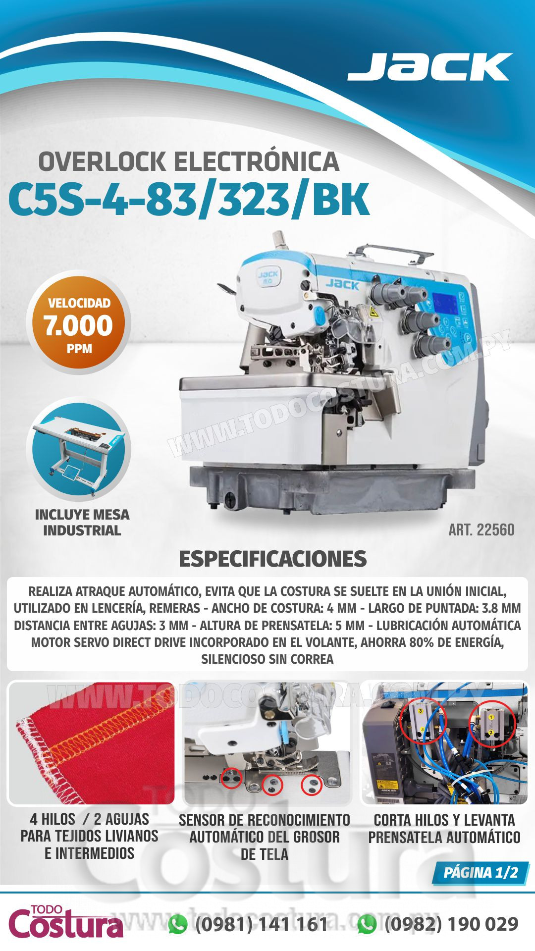 OVERLOCK CON ATRAQUE (ELECTRONICA - 4 HILOS) JACK C5S-4-83/323/BK (MOTOR INCORPORADO)