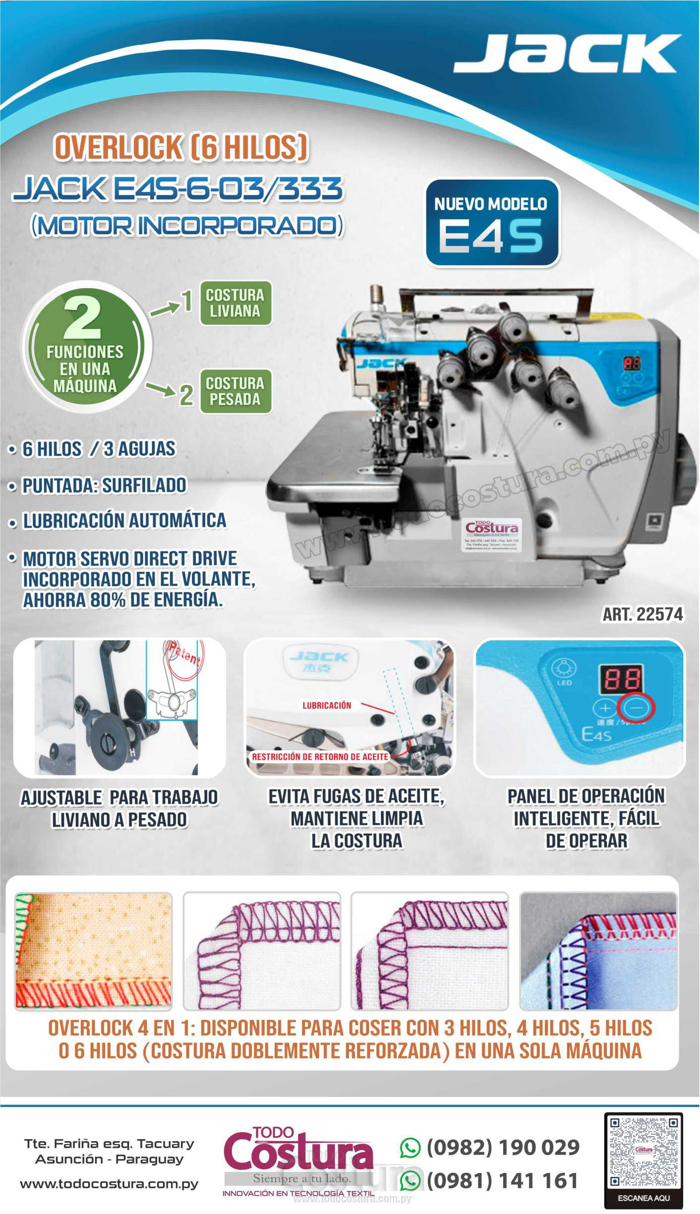 OVERLOCK (6 HILOS - SERIE S) JACK E4S-6-03/333 (MOTOR INCORPORADO)