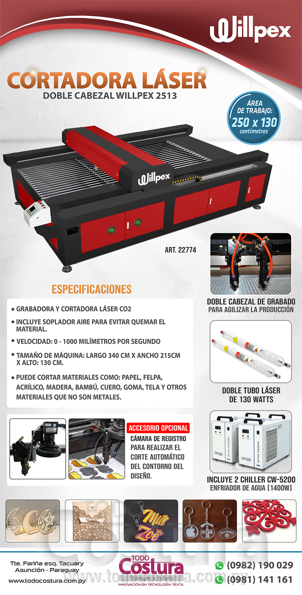 GRABADORA LASER (250X130CM - 130W - DOBLE CABEZAL CON CAMARA) WILLPEX 2513