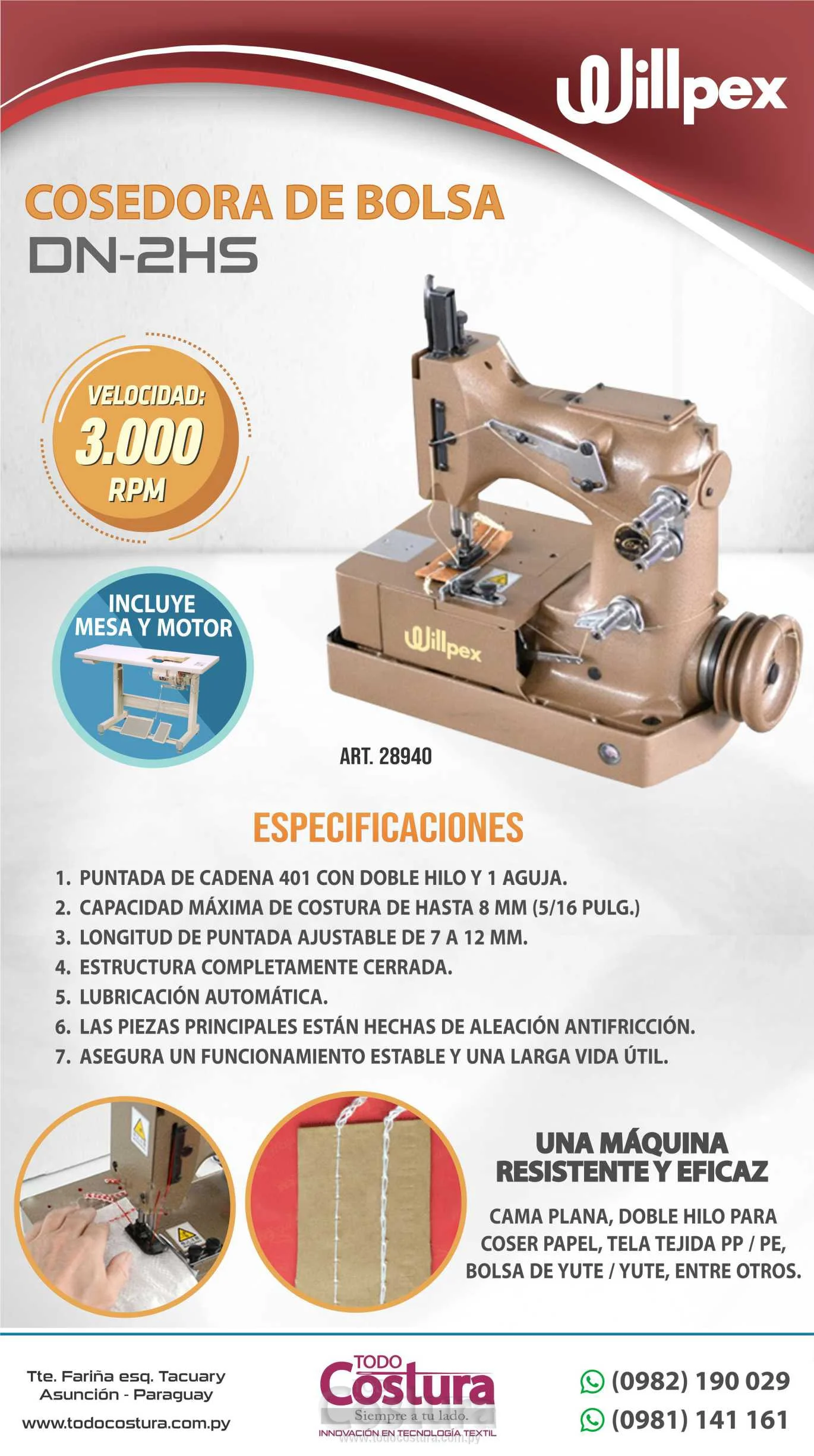 COSEDORA DE BOLSA PLANA (1 AGUJA) WILLPEX DN-2HS