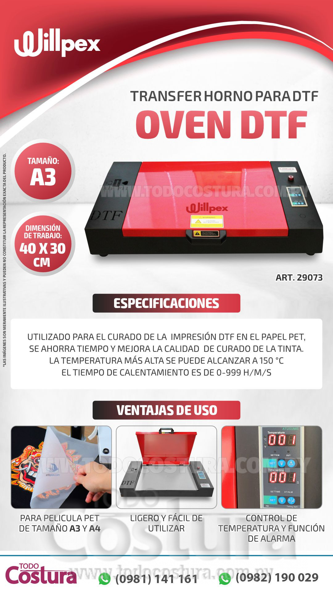 TRANSFER HORNO PARA DTF (A3 - 40 X 30 CM) WILLPEX A3 OVEN DTF