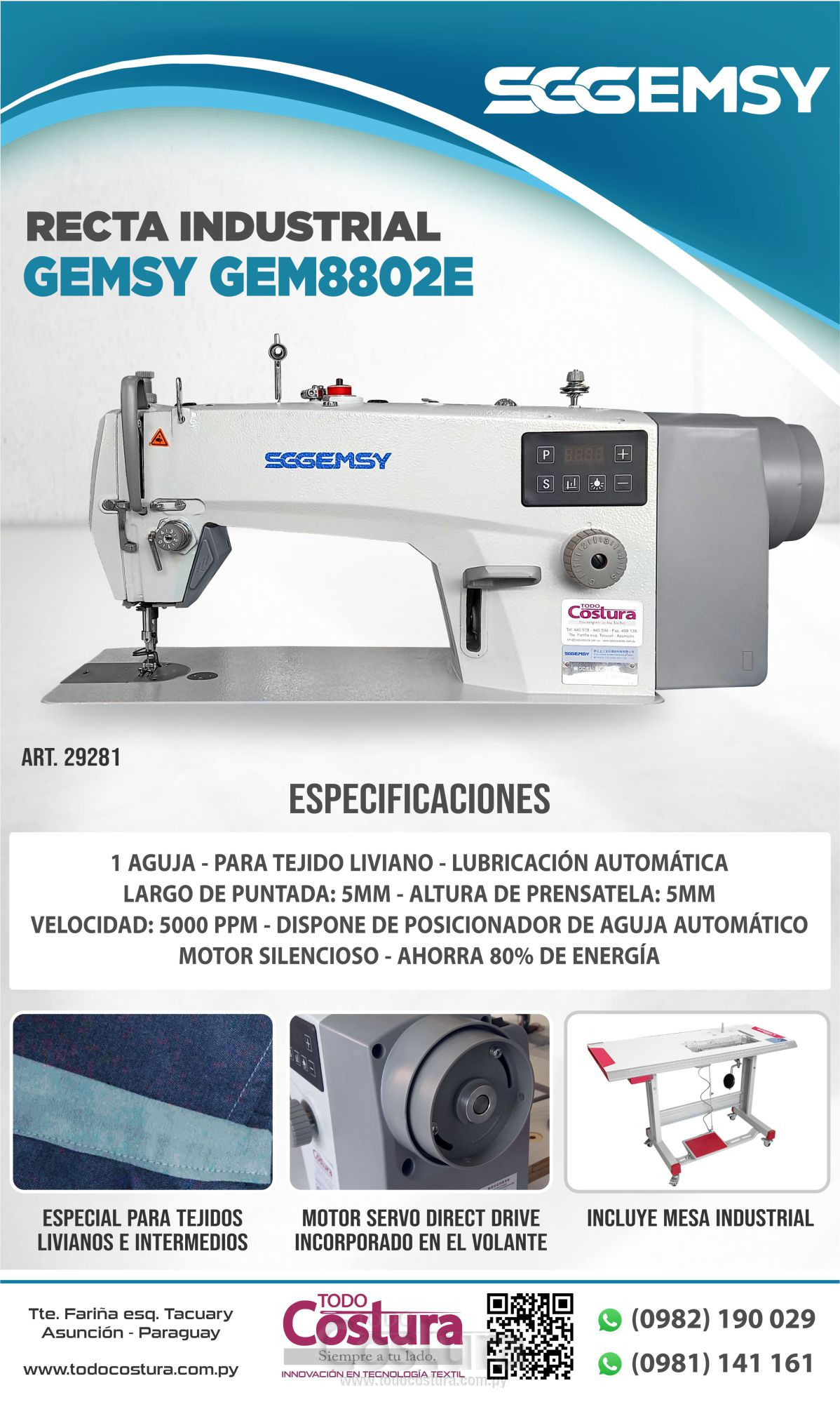 RECTA INDUSTRIAL GEMSY GEM8802E (MOTOR INCORPORADO)