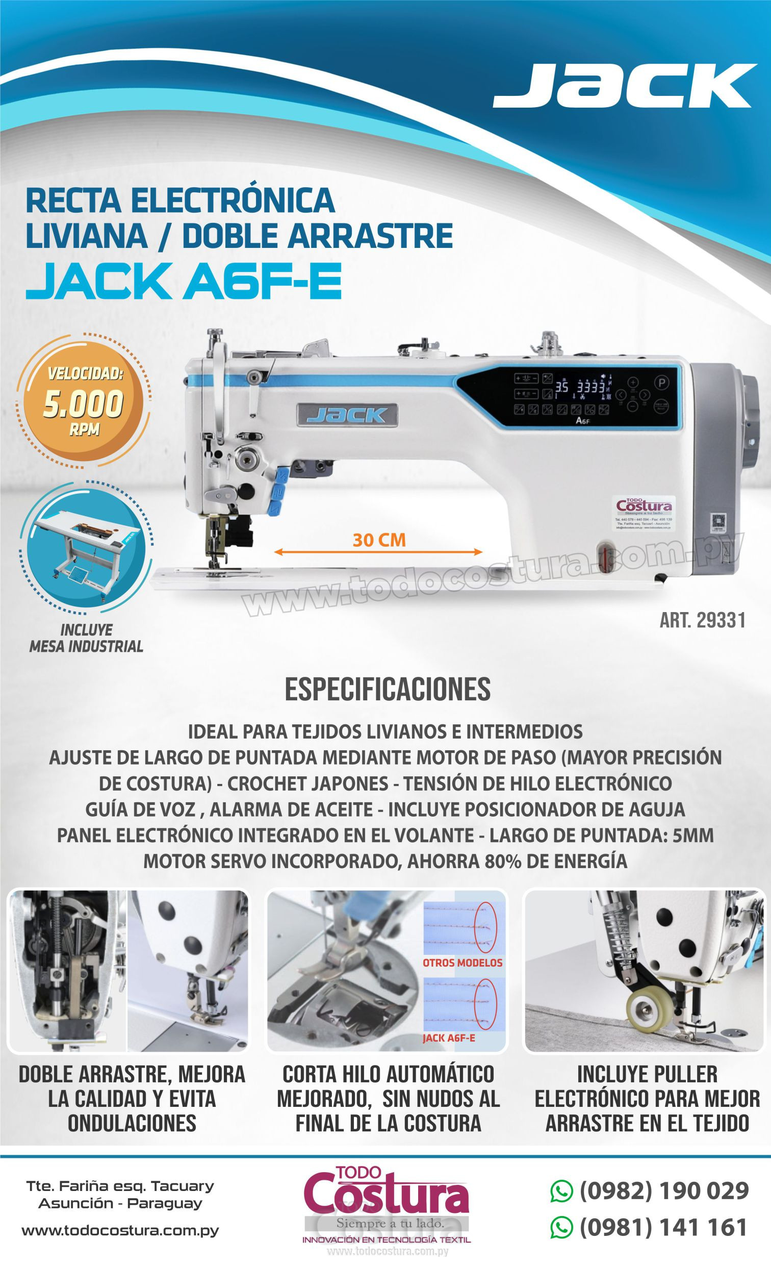 RECTA (ELECTRONICA CON PULLER - LIVIANA - DOBLE ARRASTRE) JACK A6F-E (MOTOR INCORPORADO)