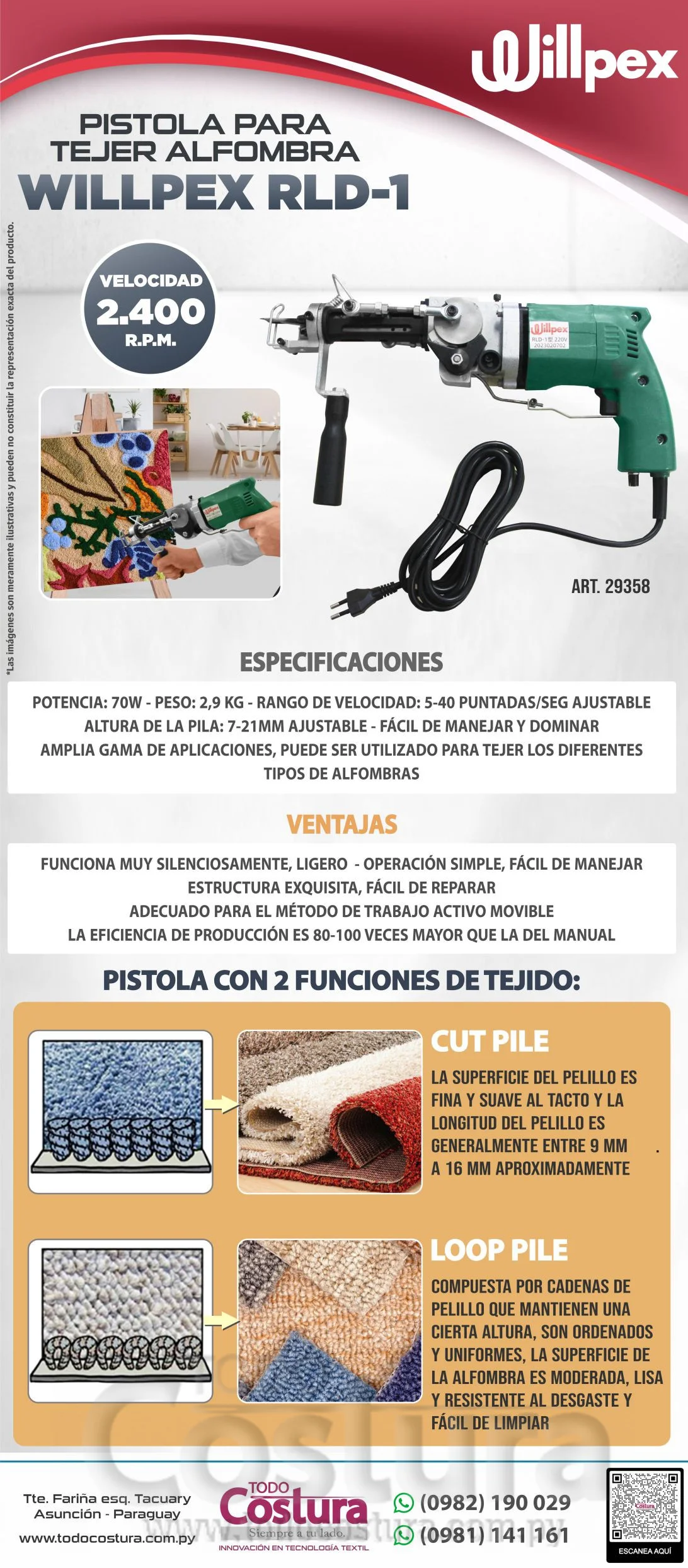 PISTOLA PARA TEJER ALFOMBRA (2 EN 1) WILLPEX RLD-1