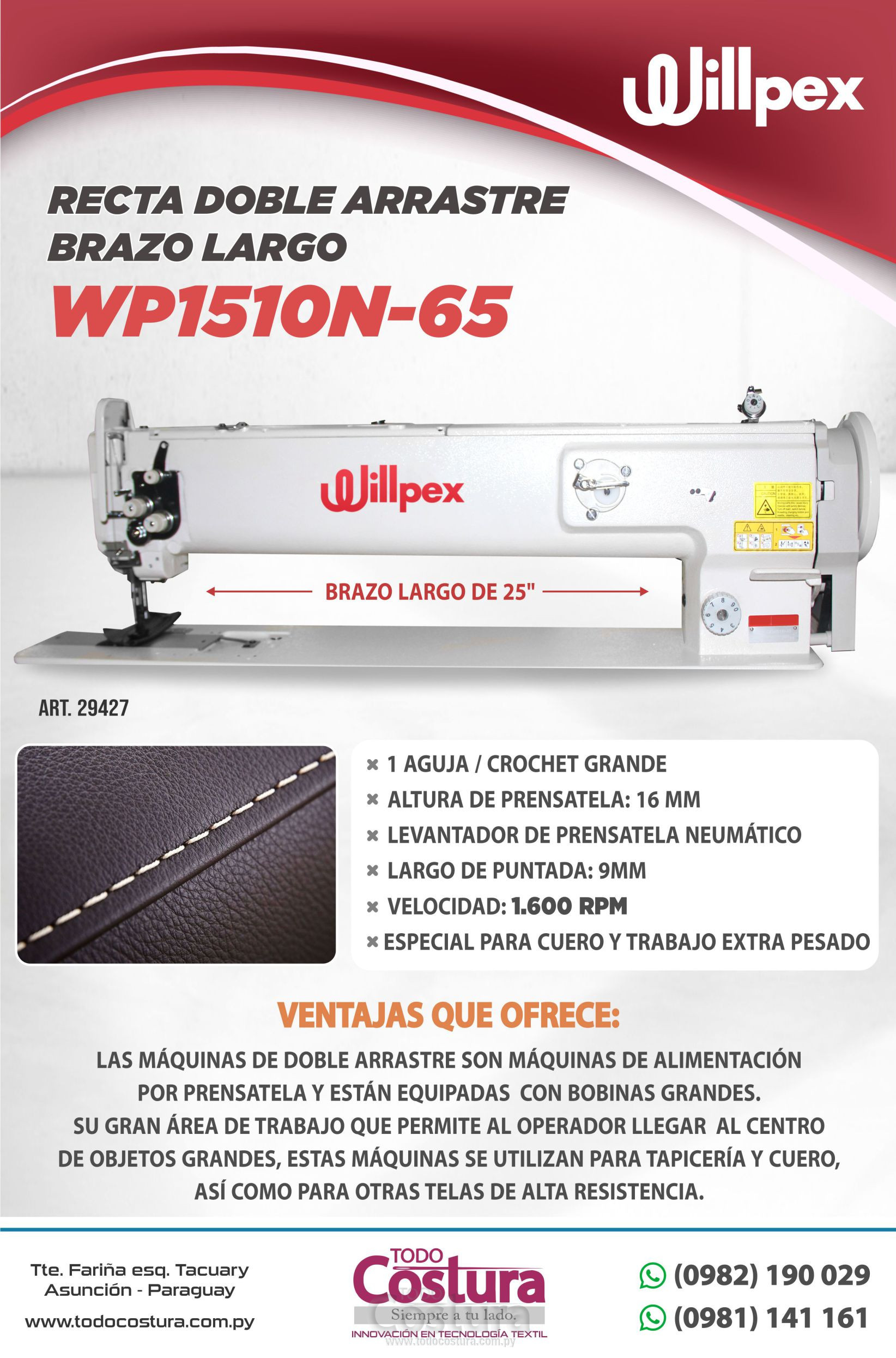 RECTA (DOBLE ARRASTRE - BRAZO LARGO) WILLPEX WP1510N-65 (CON MOTOR SERVO)