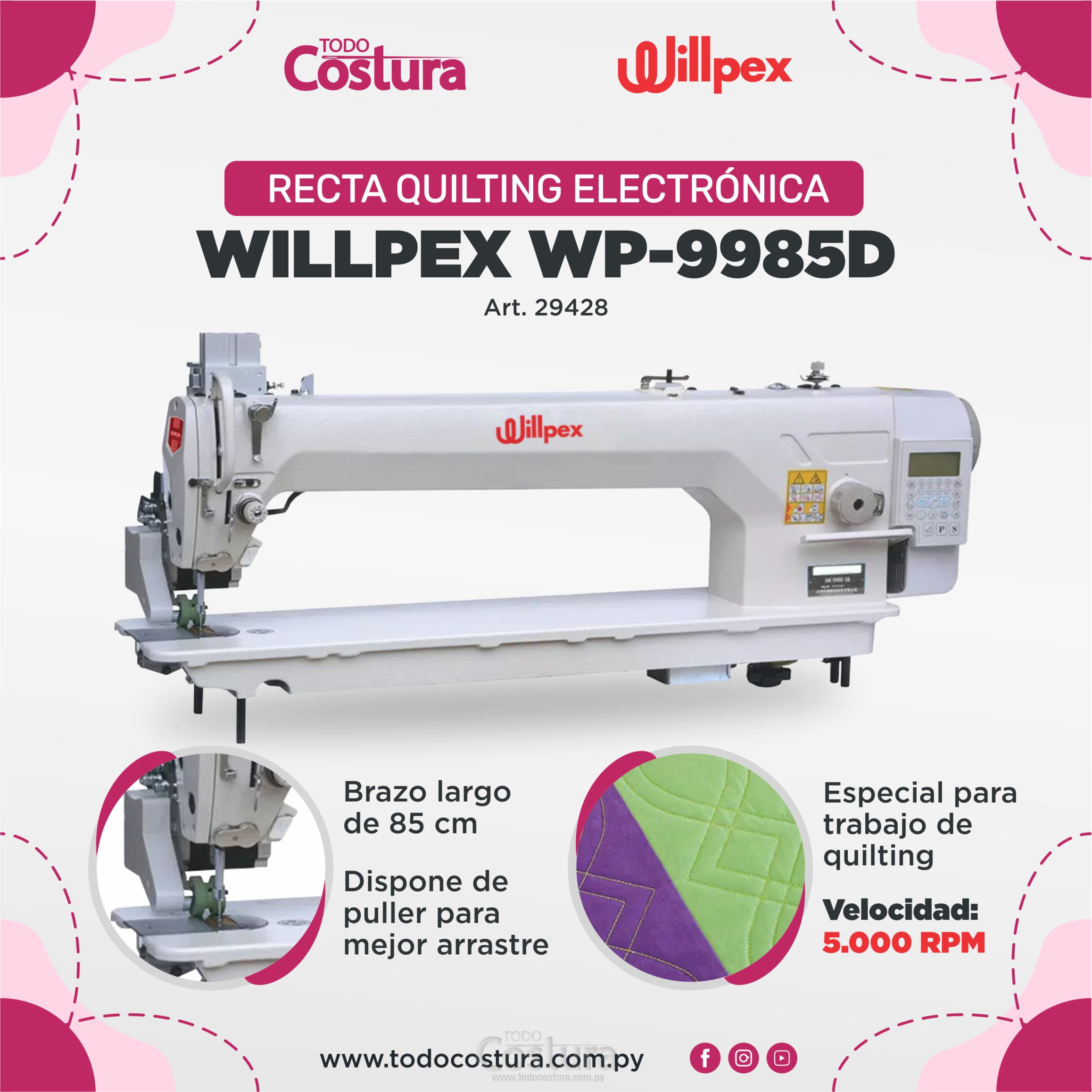 RECTA QUILTING ELECTRONICA (BRAZO LARGO - CON PULLER) WILLPEX WP-9985D (MOTOR INCORPORADO)