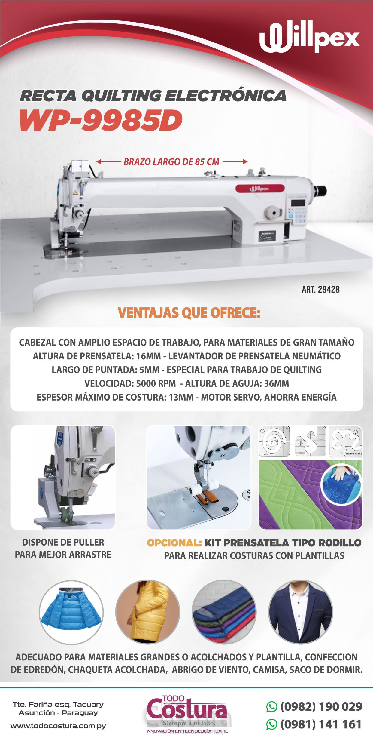 RECTA QUILTING ELECTRONICA (BRAZO LARGO - CON PULLER) WILLPEX WP-9985D (MOTOR INCORPORADO)