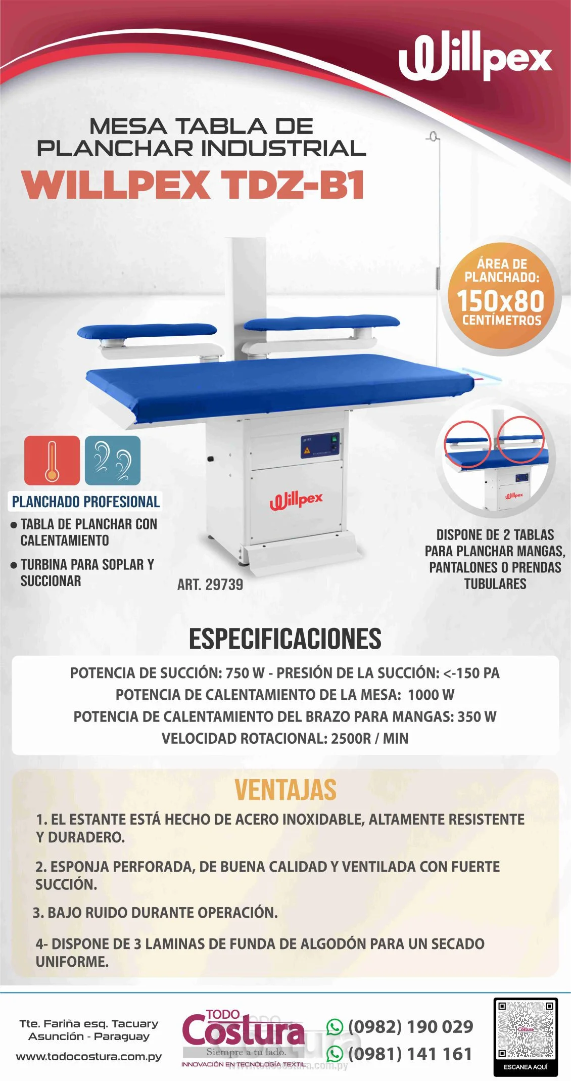 MESA TABLA DE PLANCHAR INDUSTRIAL CON SUCCION Y CALENTADOR (150X80 CM) WILLPEX TDZ-B1