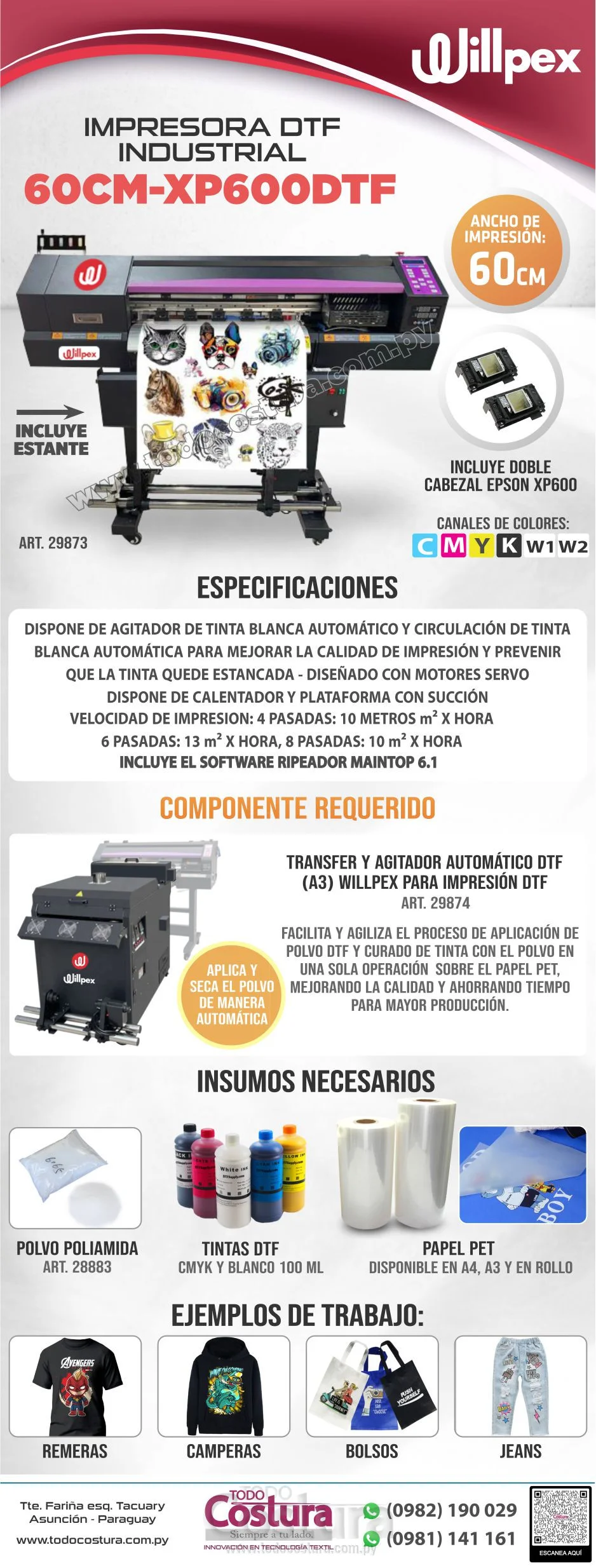IMPRESORA DTF INDUSTRIAL (DOBLE CABEZAL - 60 CM) WILLPEX 60CM-XP600DTF (CON ESTANTE)