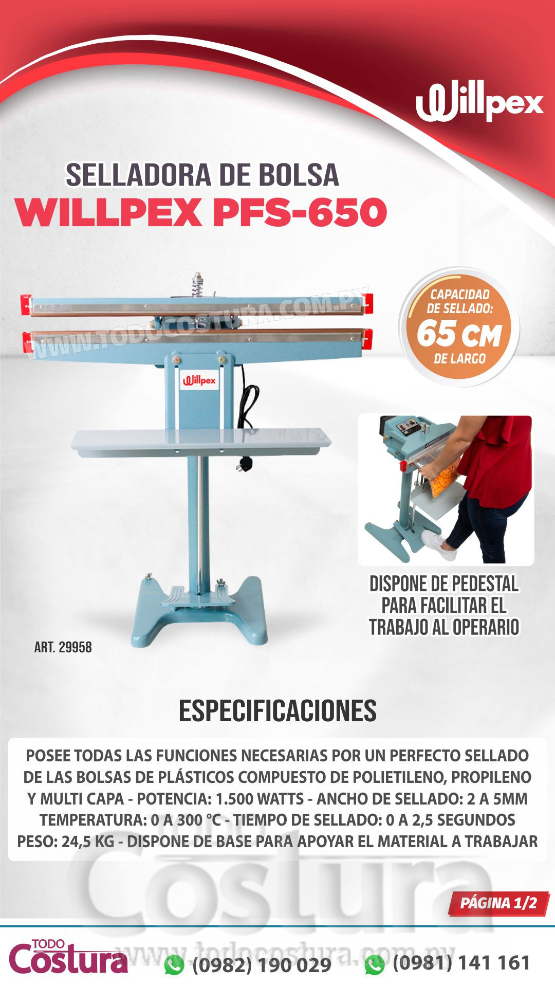 SELLADORA DE BOLSA (DOBLE RESISTENCIA - 65 CM) (CON PEDESTAL) WILLPEX PFS-650