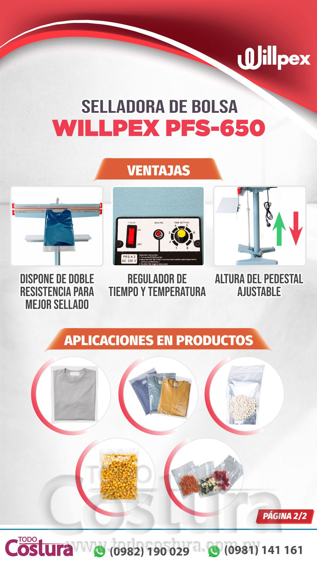 SELLADORA DE BOLSA (DOBLE RESISTENCIA - 65 CM) (CON PEDESTAL) WILLPEX PFS-650