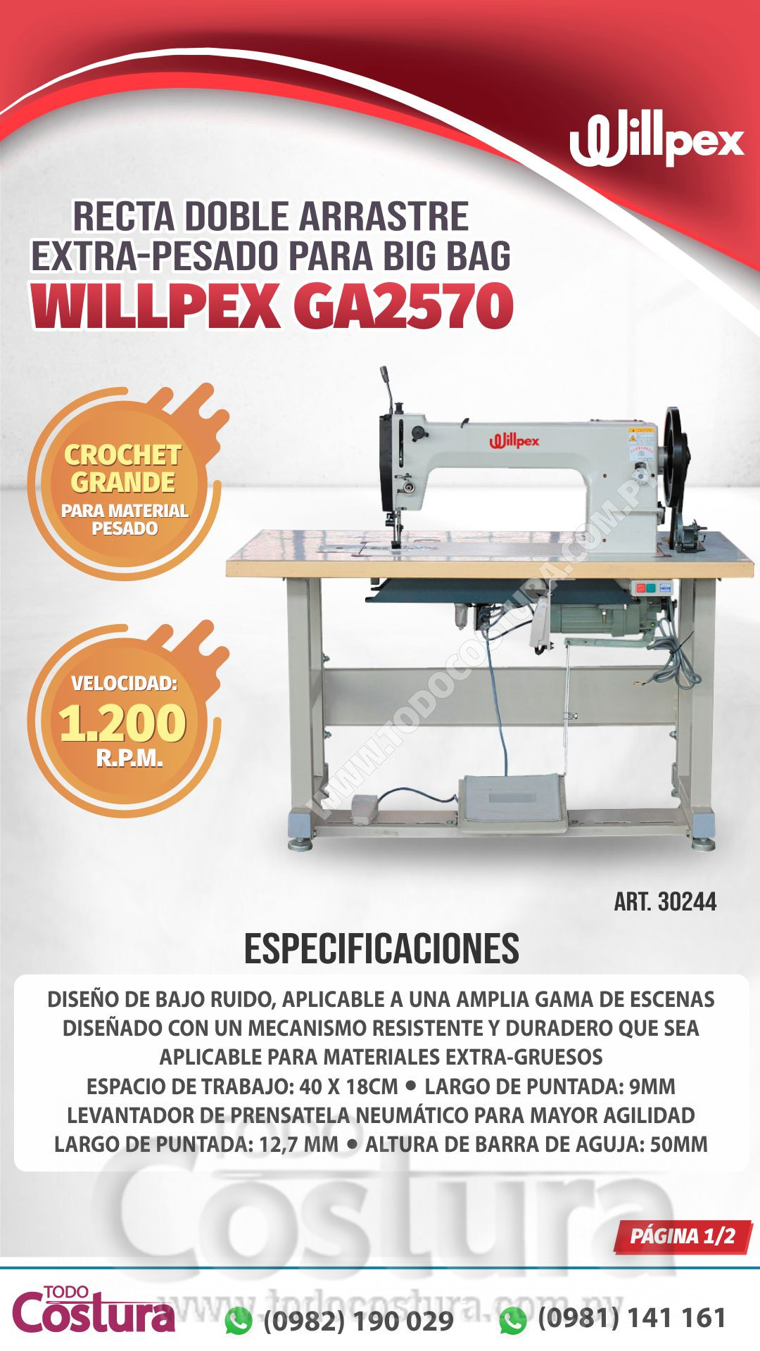 RECTA (DOBLE ARRASTRE EXTRA PESADO) PARA BIG BAG WILLPEX GA2570