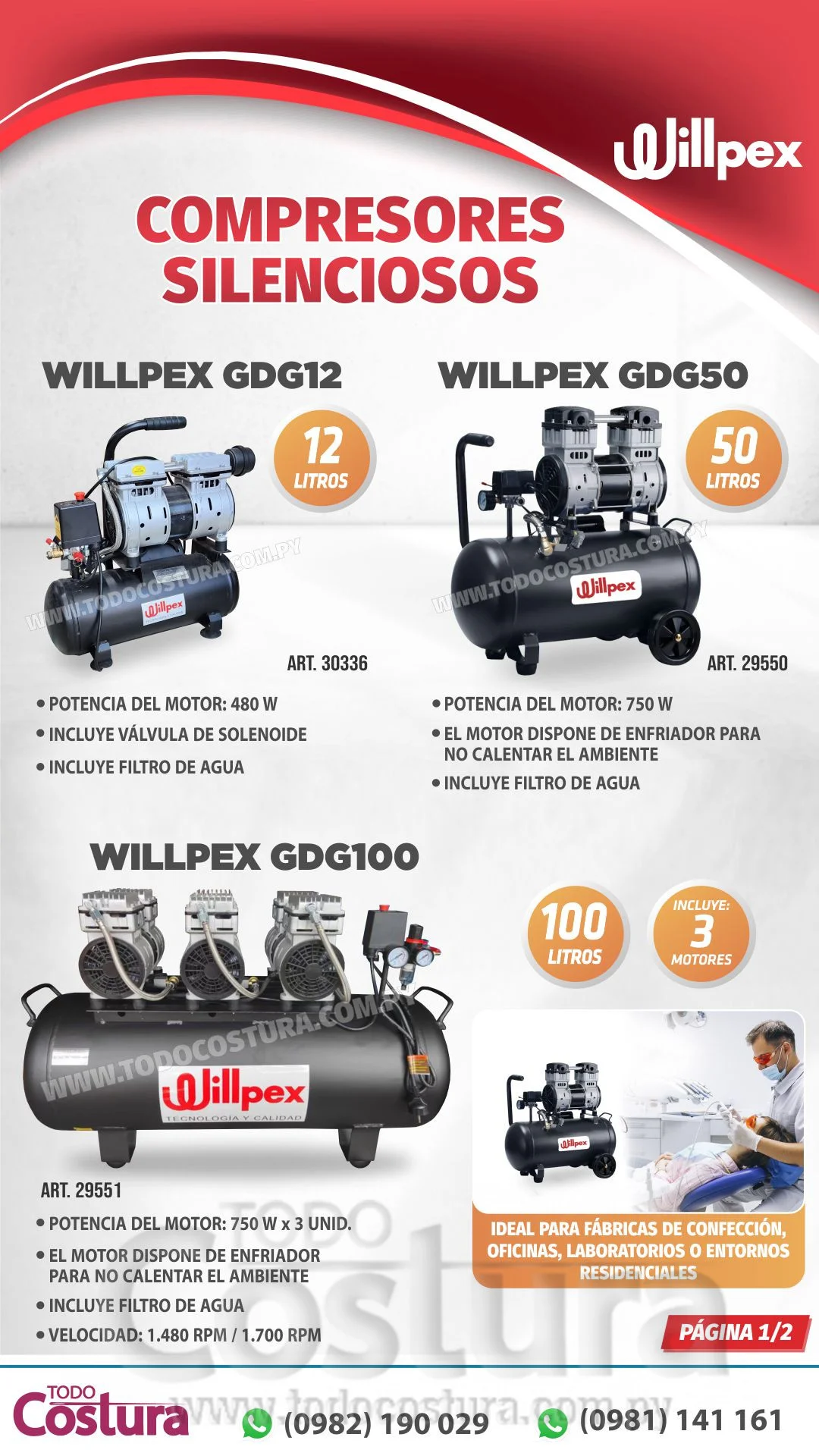 COMPRESOR SILENCIOSO (12 LITROS - 1 CABEZAL 480W) WILLLPEX GDG12