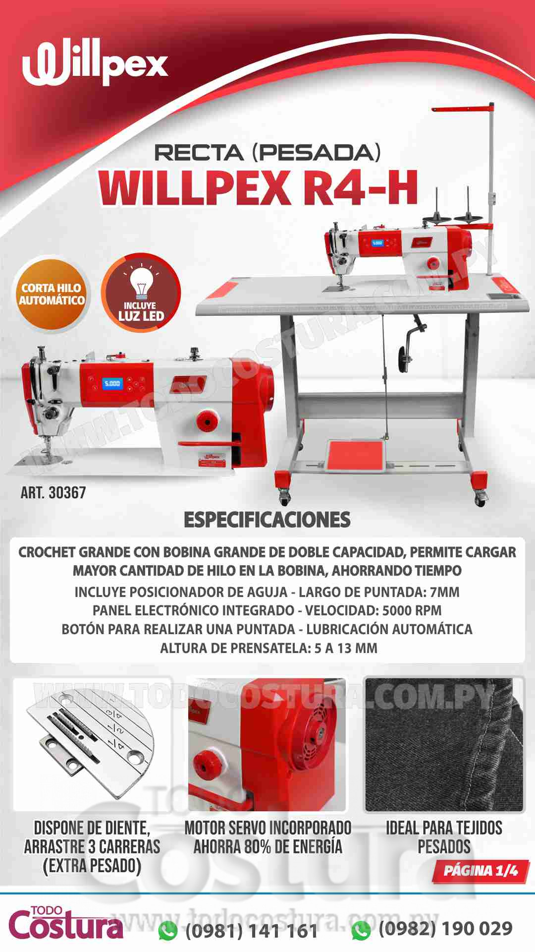 RECTA (PESADA - CROCHET GRANDE - CON CORTAHILO) WILLPEX R4-H (MOTOR INCORPORADO)