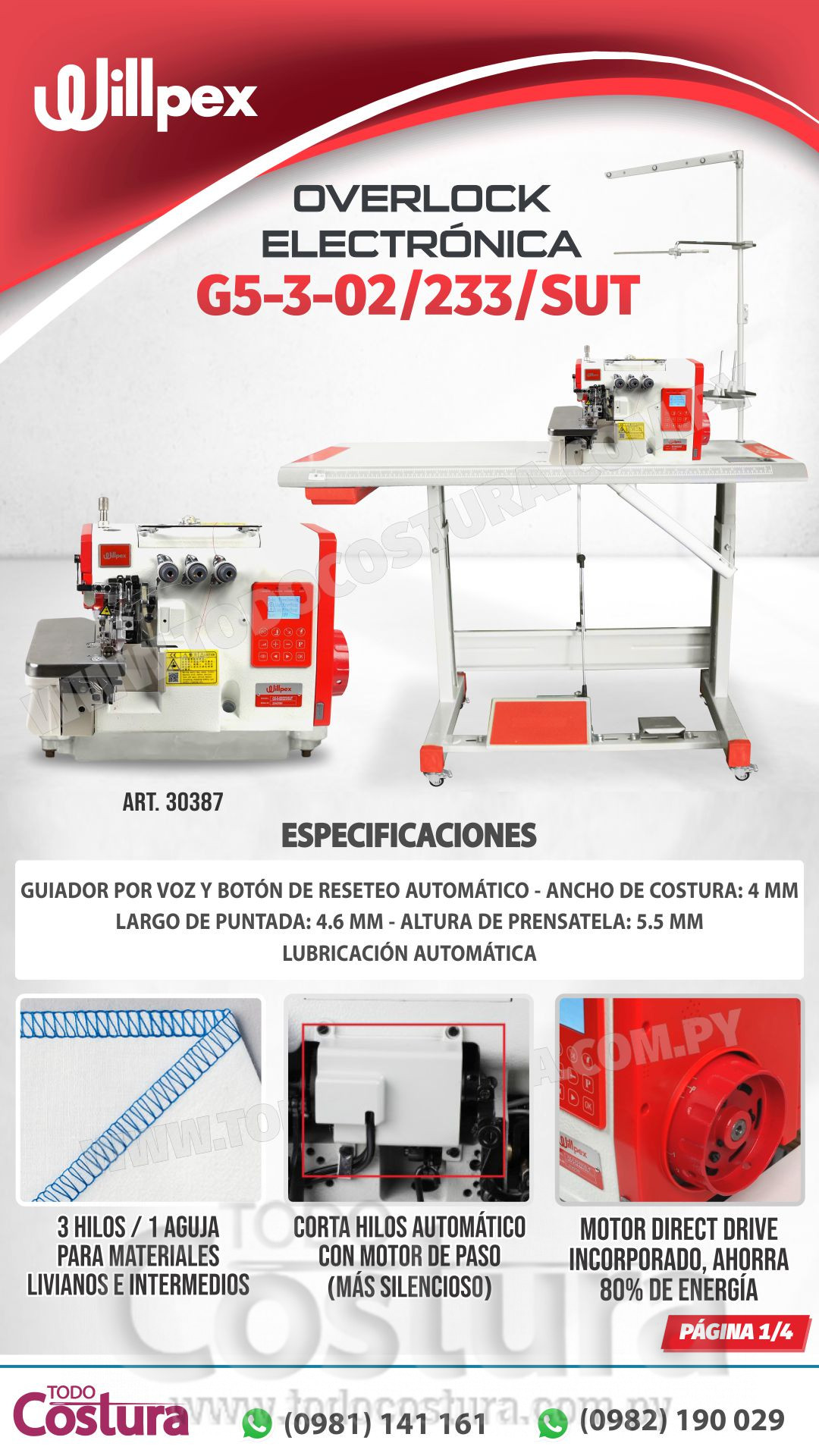 OVERLOCK (ELECTRONICA - 3 HILOS - LIVIANA) WILLPEX G5-3-02/233/SUT (MOTOR INCORPORADO)