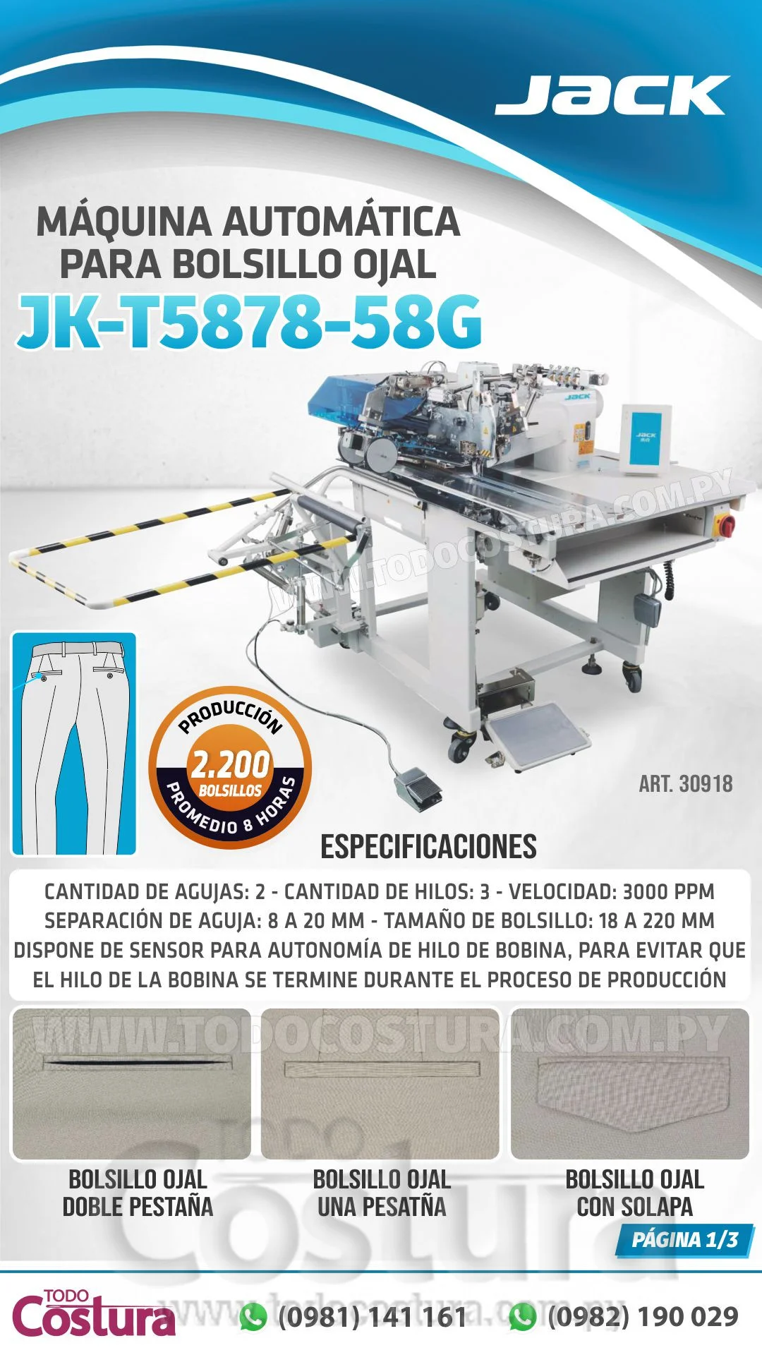 MAQ. AUTOMATICA PARA BOLSILLO OJAL JACK JK-T5878-68B (CON ESTANTE)