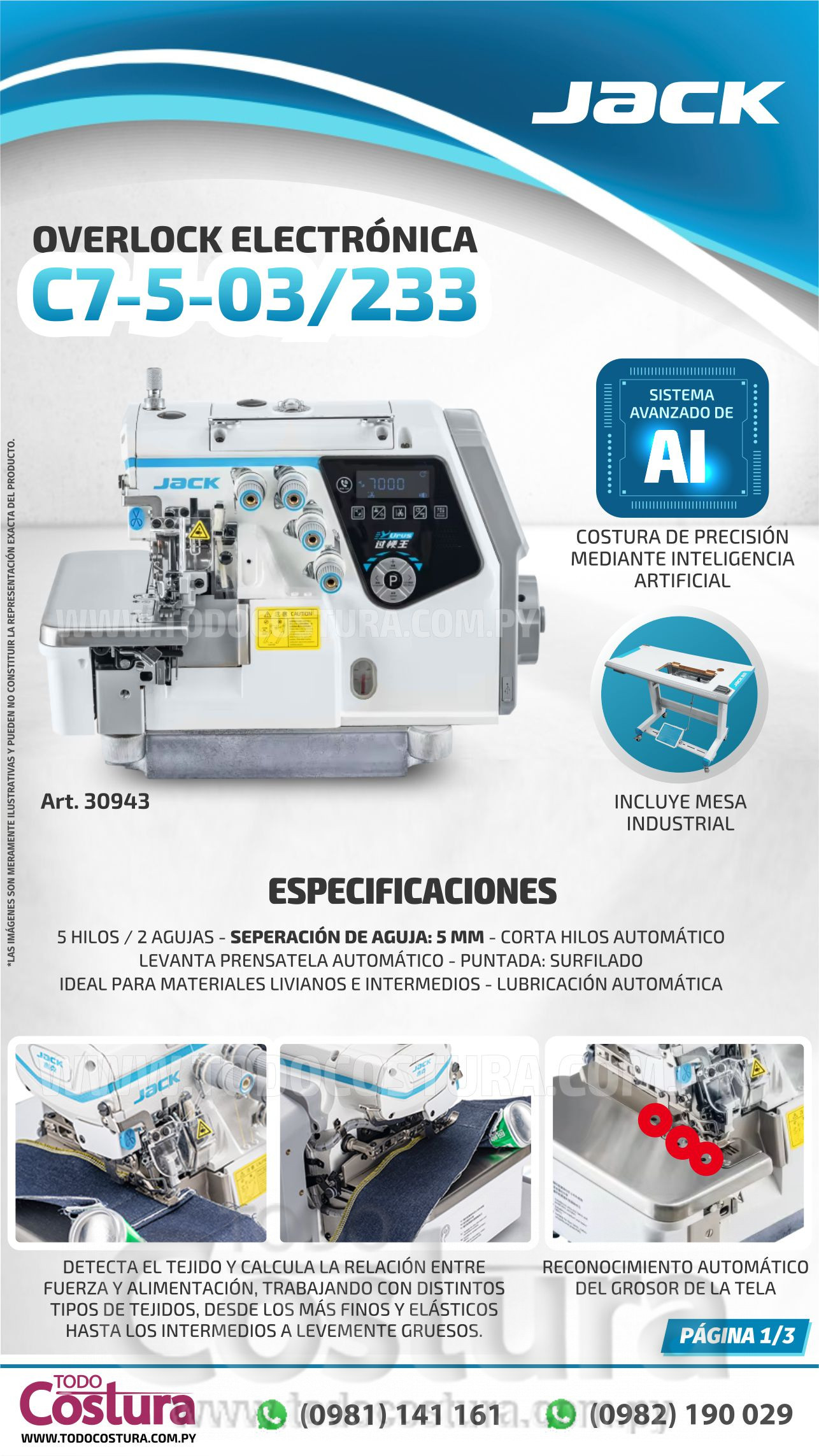 OVERLOCK (ELECTRONICA - 5 HILOS - LIVIANA) JACK C7-5-03/233 (MOTOR INCORPORADO)