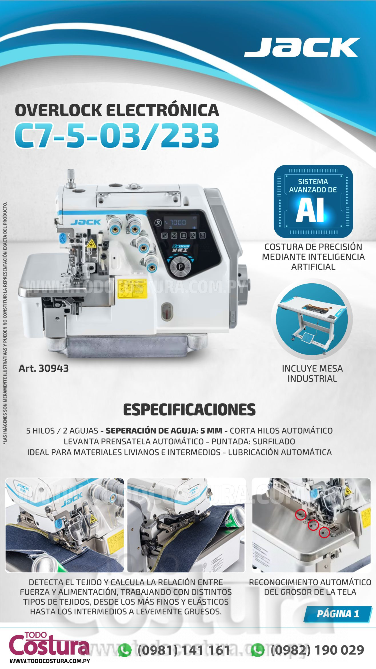 OVERLOCK (ELECTRONICA - 5 HILOS - PESADA) JACK C7-5-M04/435 (MOTOR INCORPORADO)