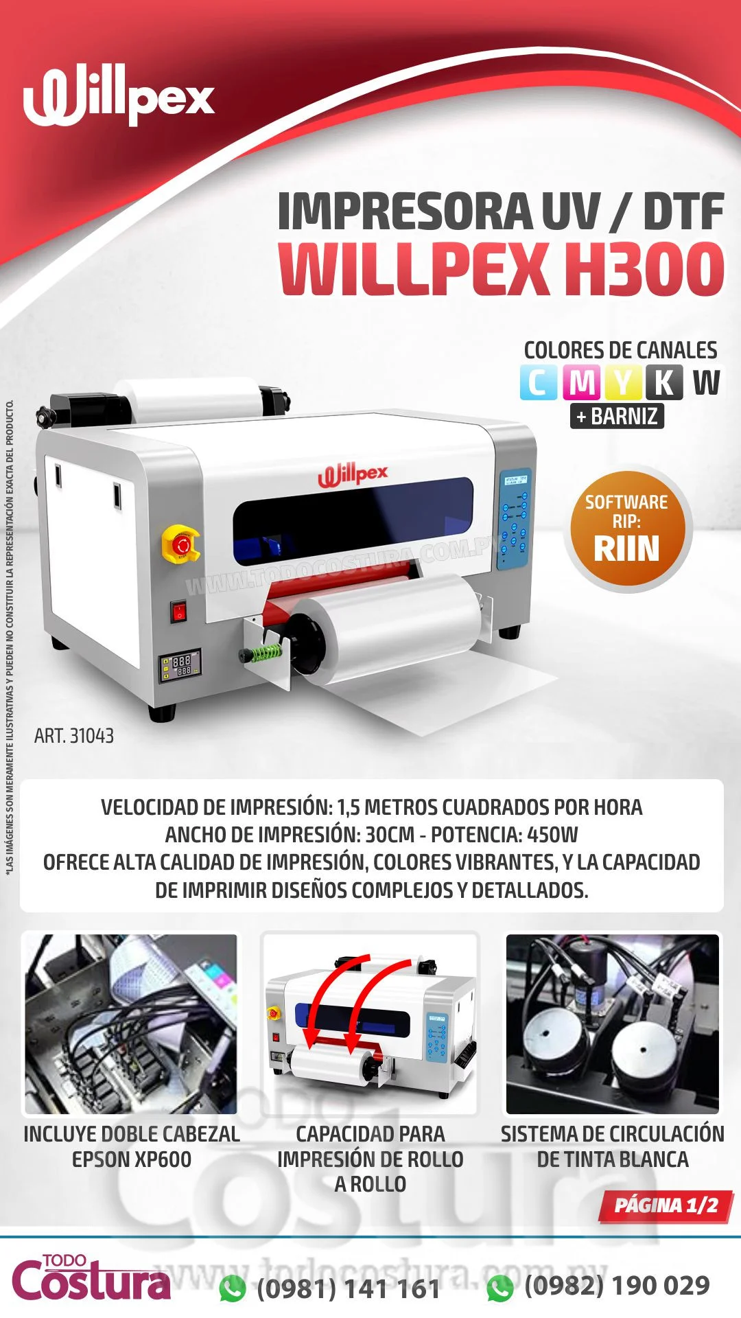 IMPRESORA UV DTF INDUSTRIAL (DOBLE CABEZAL - 30 CM) WILLPEX H300