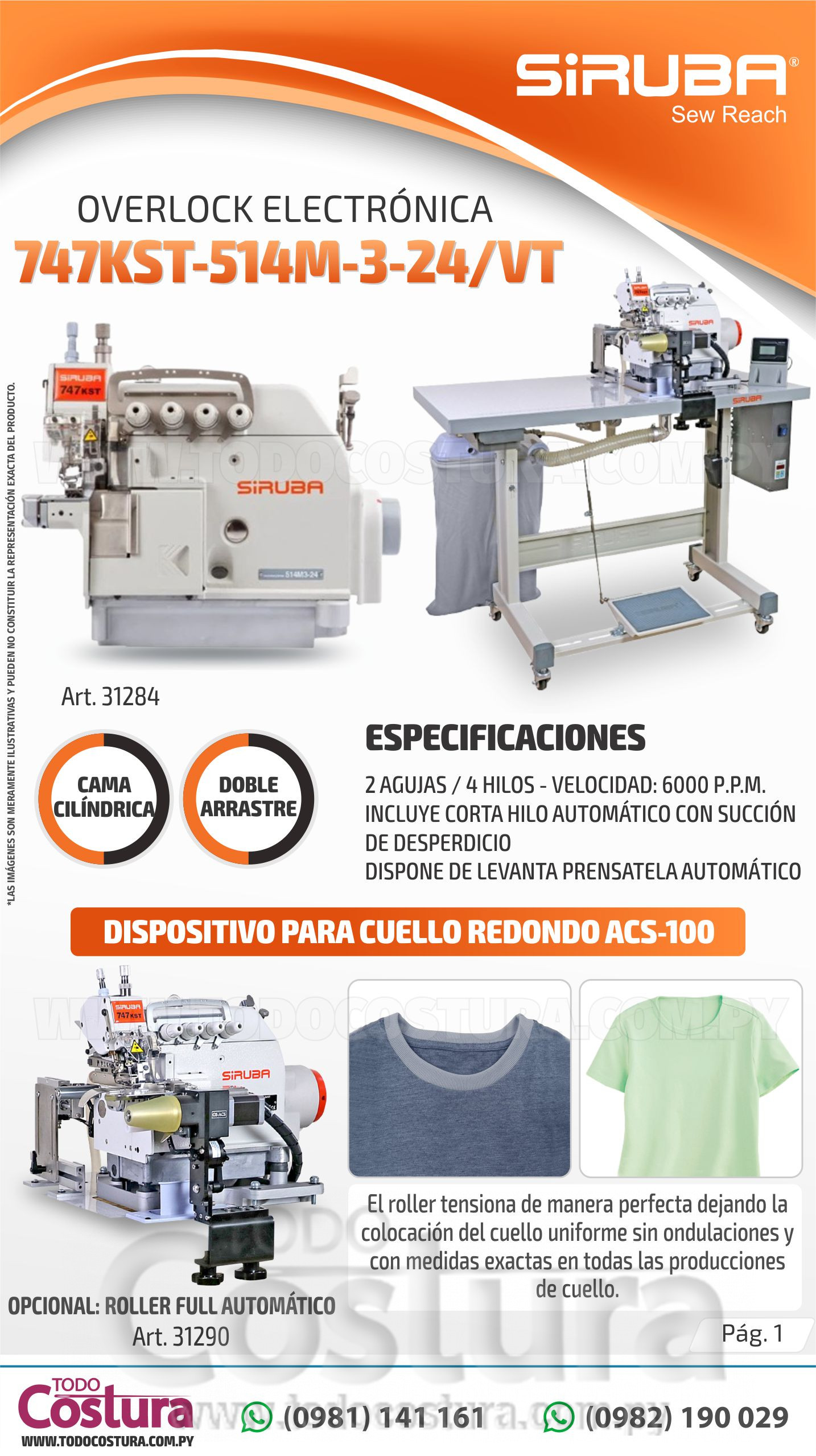 OVERLOCK ELECT. (CILINDRICA - DOBLE ARRASTRE) SIRUBA 747KST-514M-3-24/VT (MOTOR INCORPORADO)