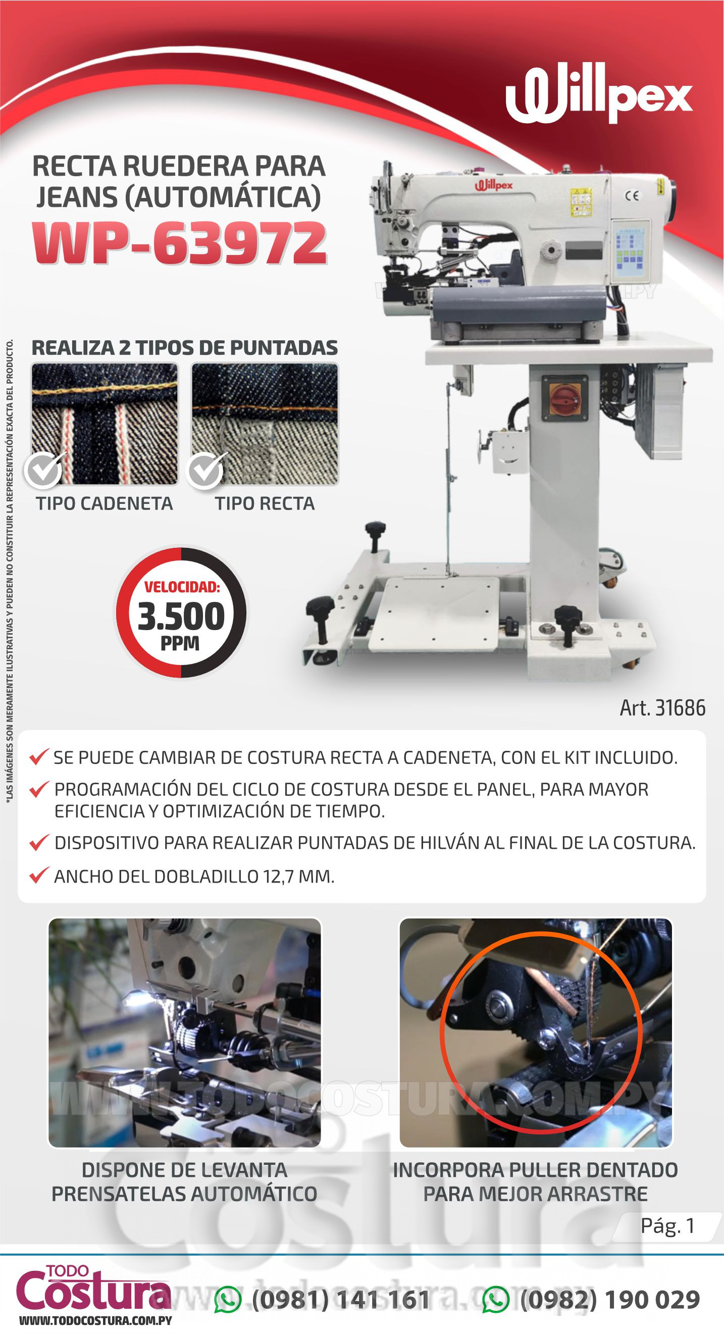 RECTA RUEDERA PARA JEANS (AUTOMATICA) WILLPEX WP-63972 (CON MESA Y MOTOR)