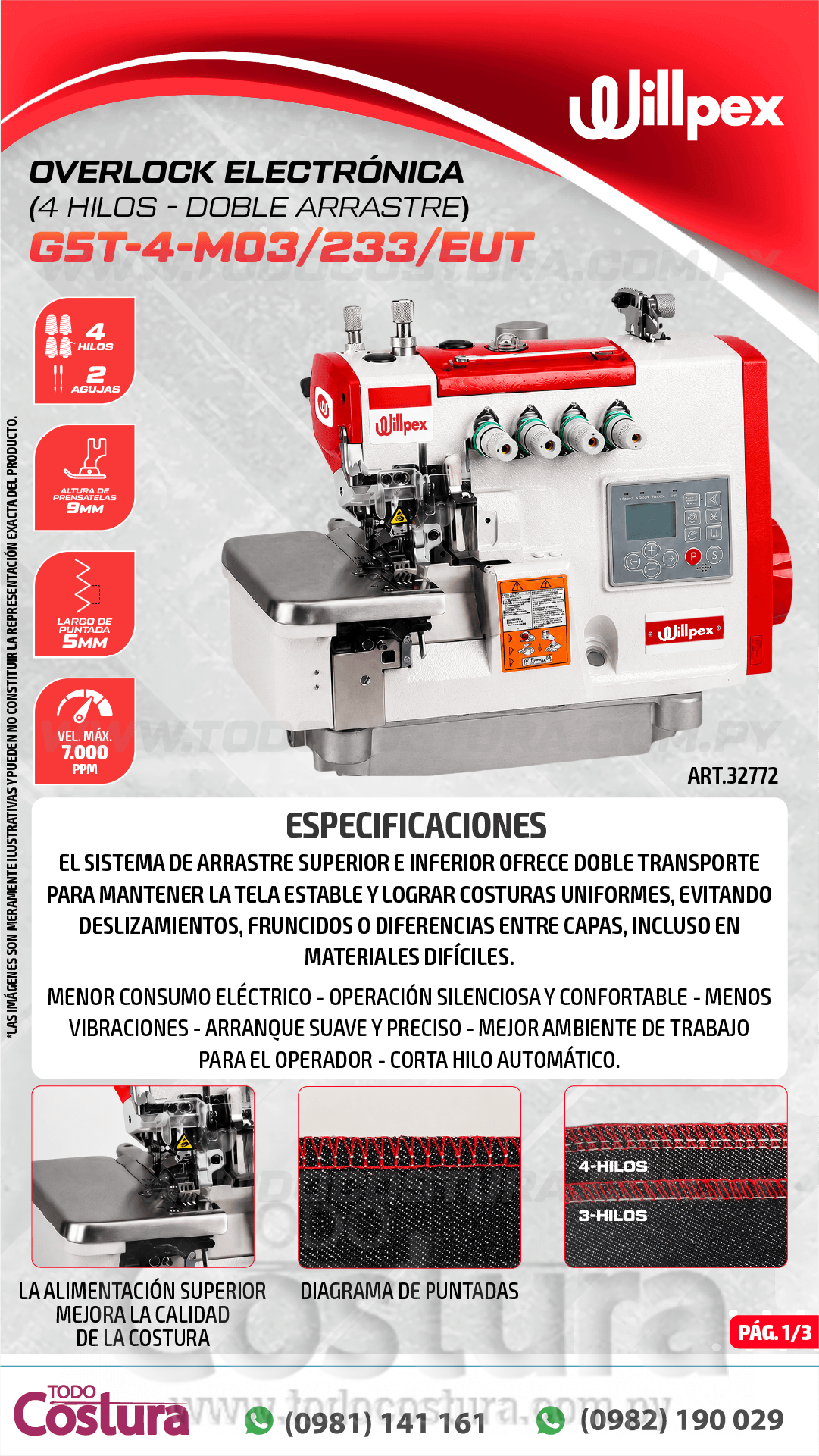 OVERLOCK ELECTRONICA (4 HILOS - DOBLE ARRASTRE) WILLPEX G5T-4-M03/233/EUT (MOTOR INCORPORADO)